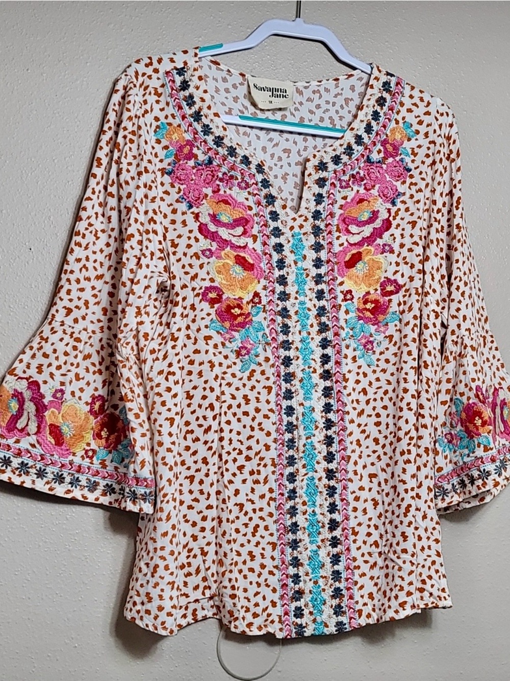 Savanna Jane Cream Embroidered Floral Tunic with Pink & Turquoise Accents 1X